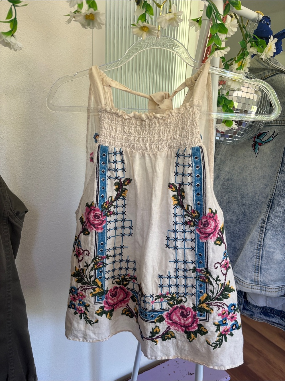 Free People Cream Halter Camisole with Pink Rose & Blue Embroidery - Picture 2 of 5